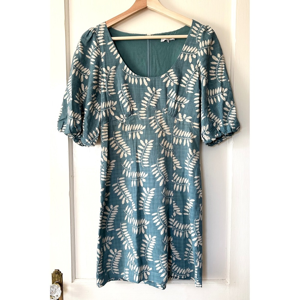 Parker Cammi Tropical Print Cotton Puff Sleeve Mini Dress Teal Green 0 Vacation